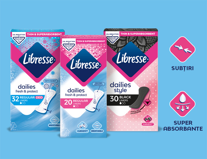 Trei produse Libresse cu umbre pe un fundal albastru - Libresse
